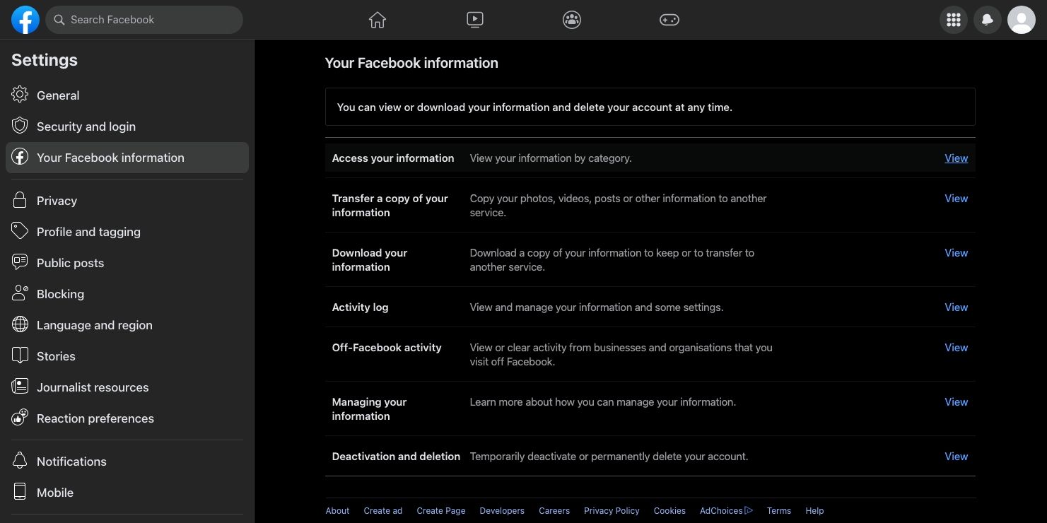 Your information page on Facebook web