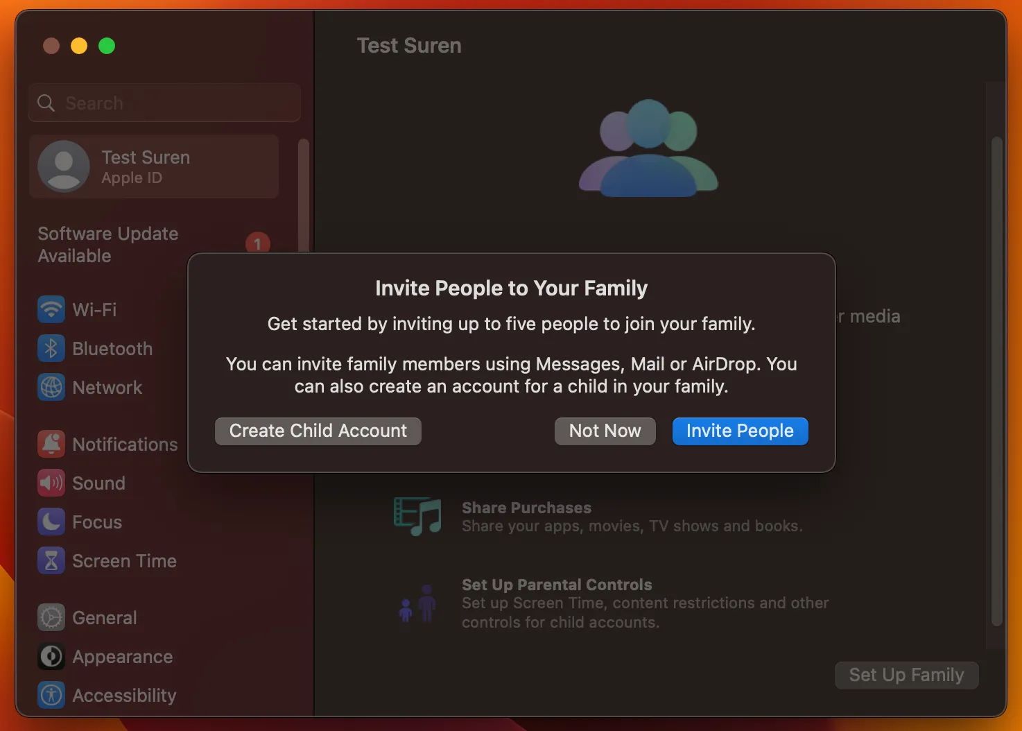 Экран приглашения для настройки семейного доступа в macOS