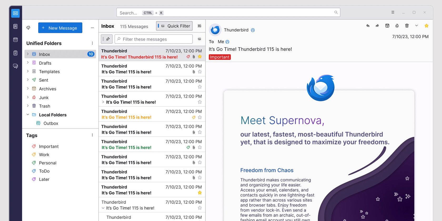 Thunderbird interface with an open email