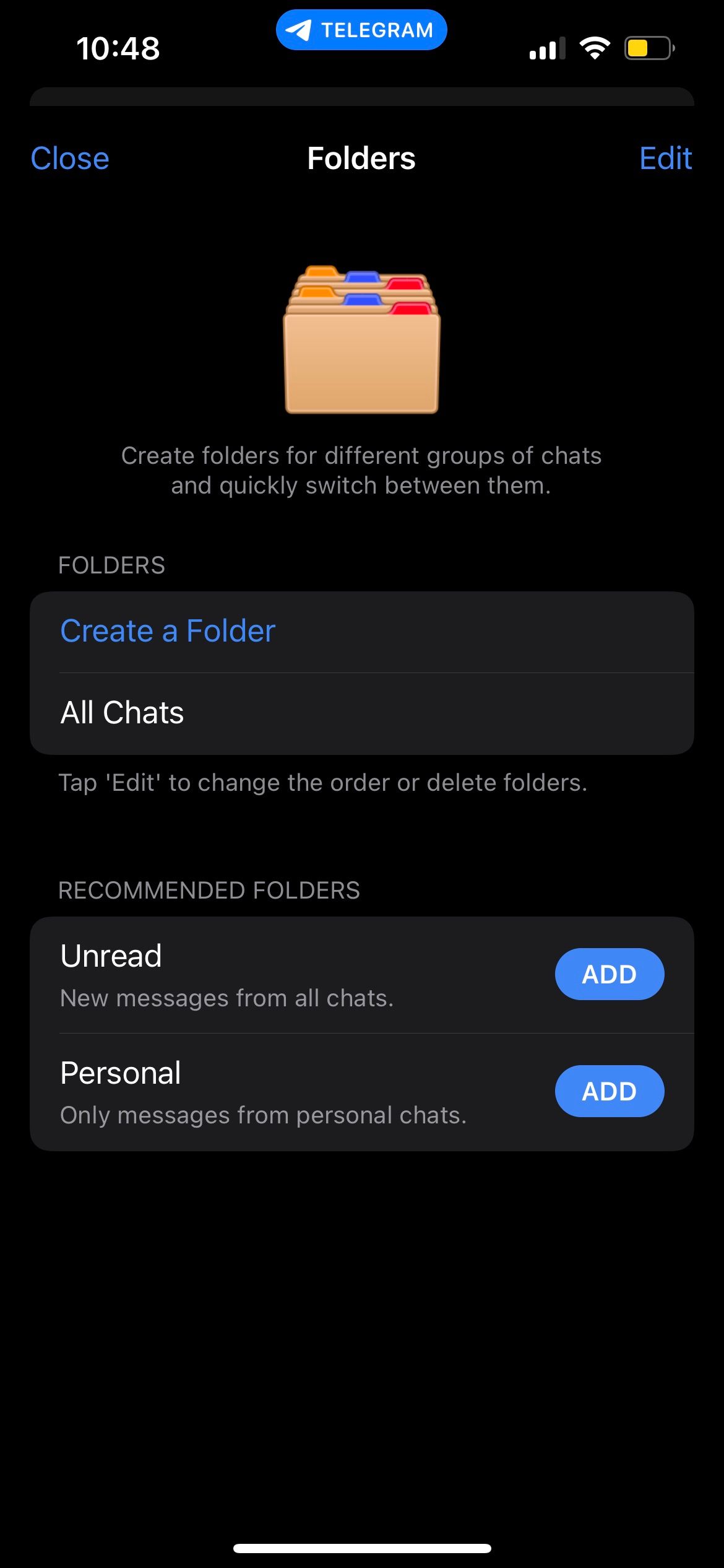 Folders creation page on Telegram