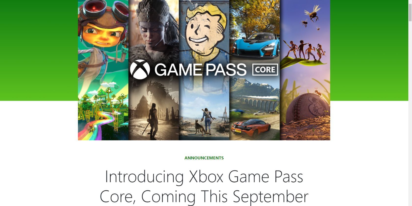 Hình ảnh chính và tiêu đề cho thông báo Xbox về Game Pass Core