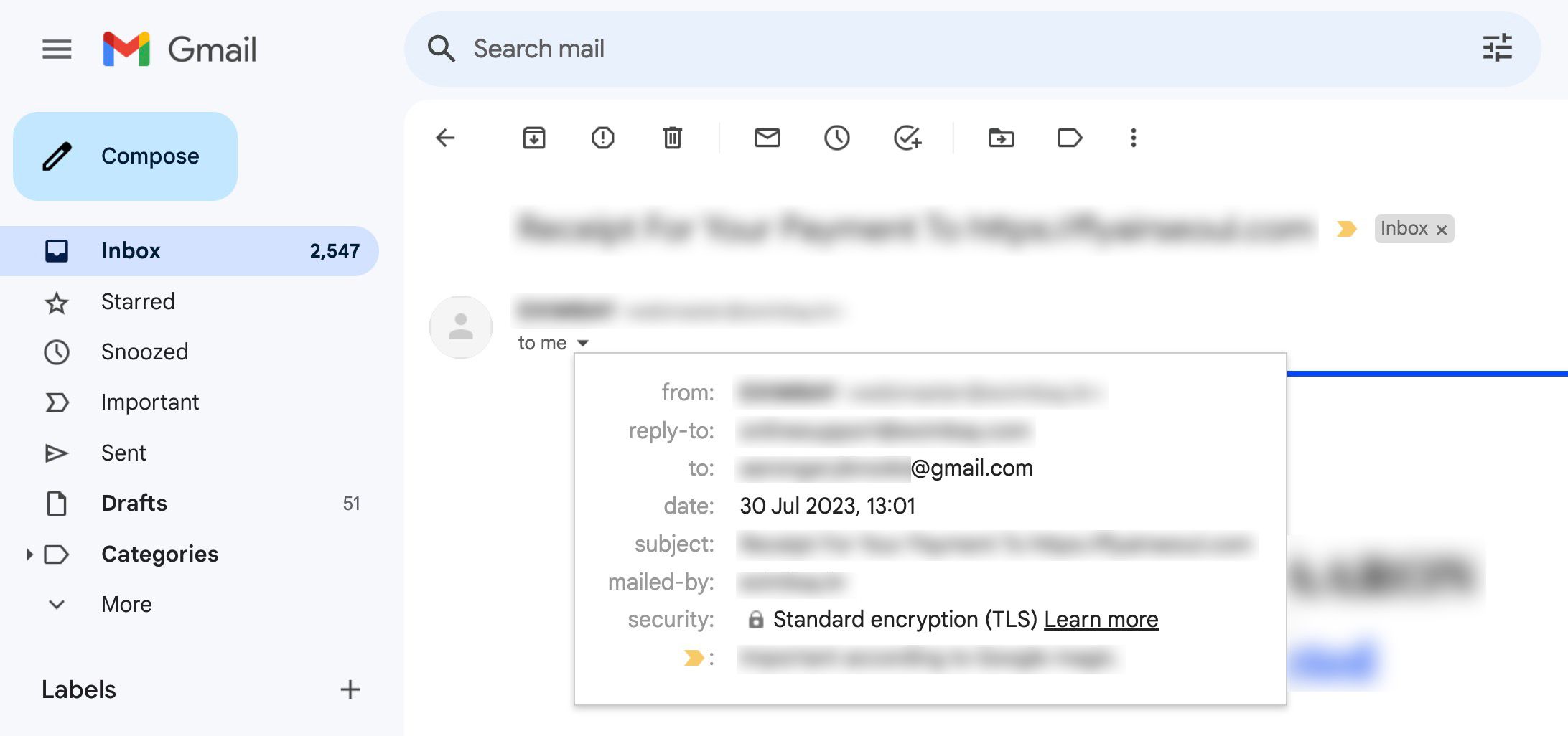 Uma captura de tela mostrando os cabeçalhos de e-mail no Gmail