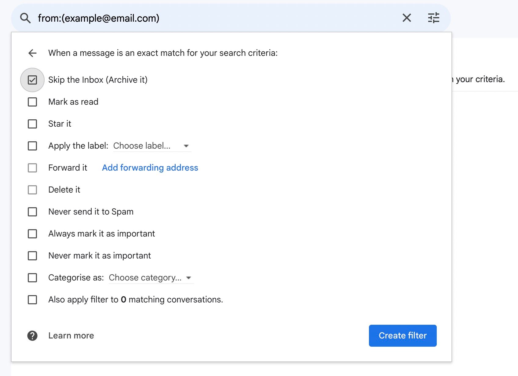 A screenshot showing the list of action options for spam filters in Gmail