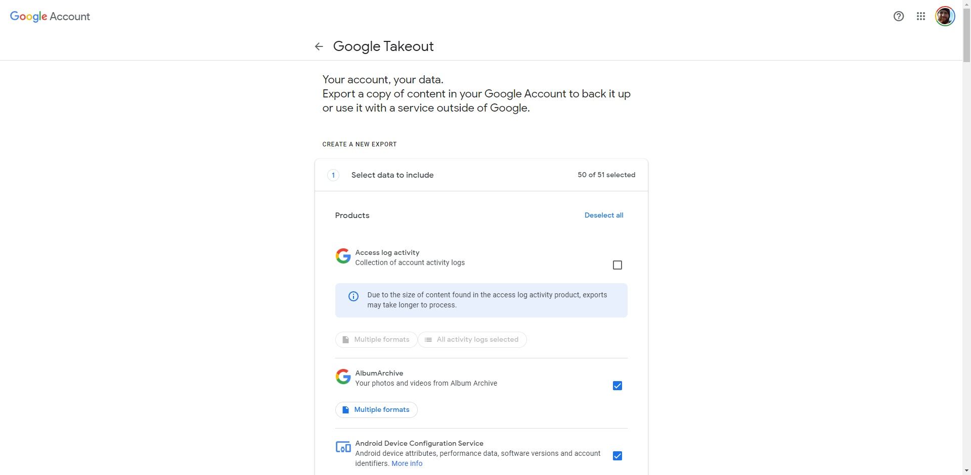 google account activity download your data selection