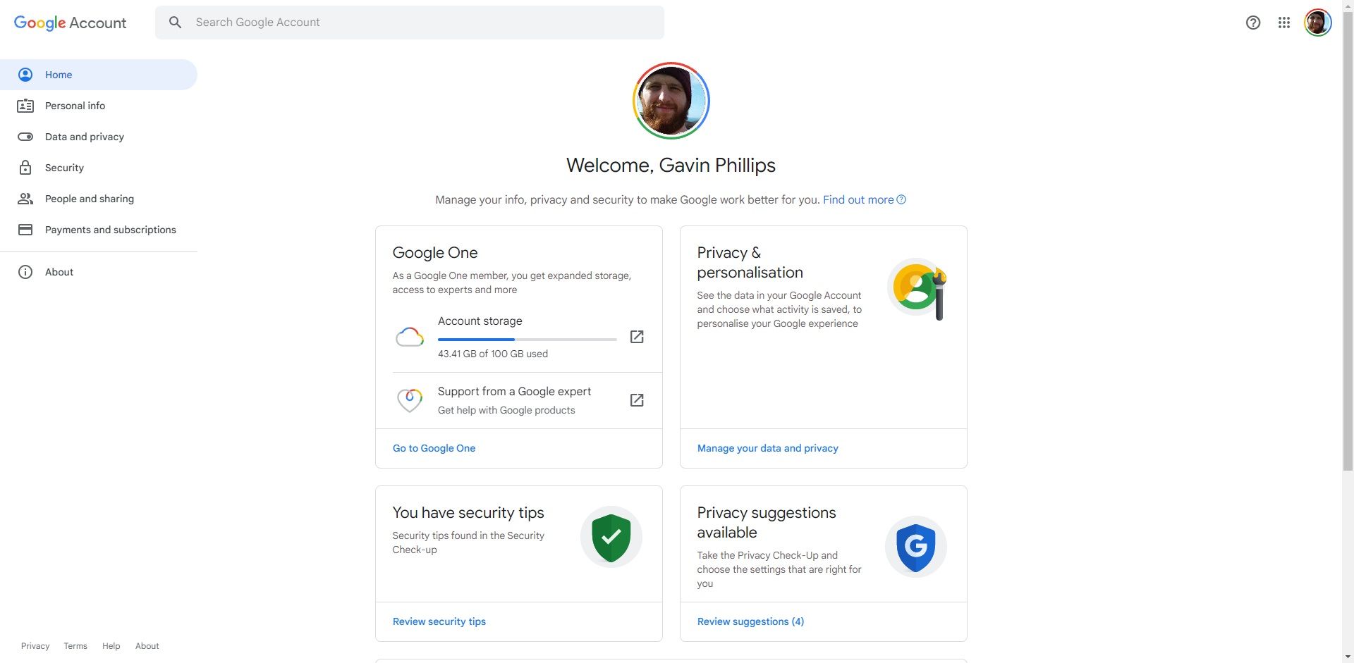 google account management page