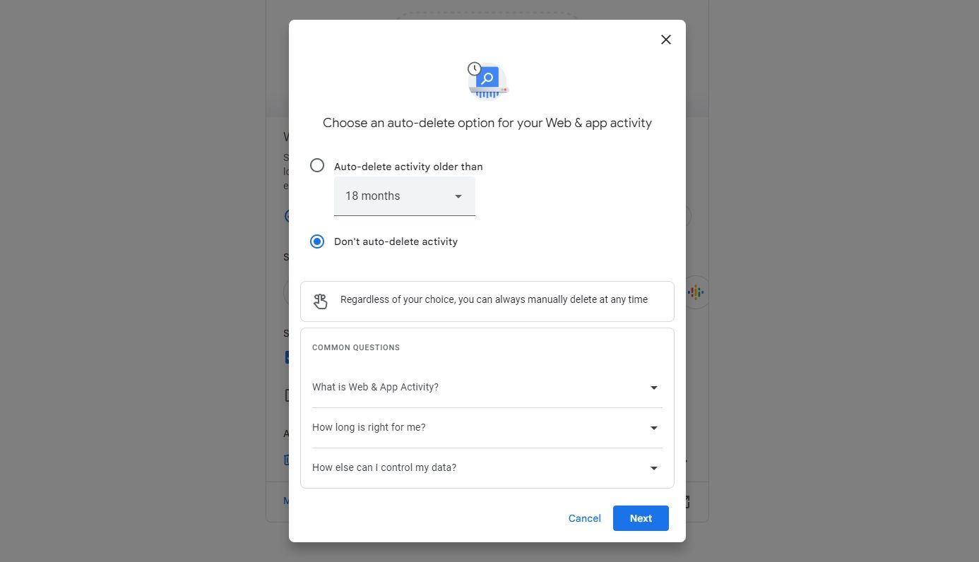 google activity auto delete timing options