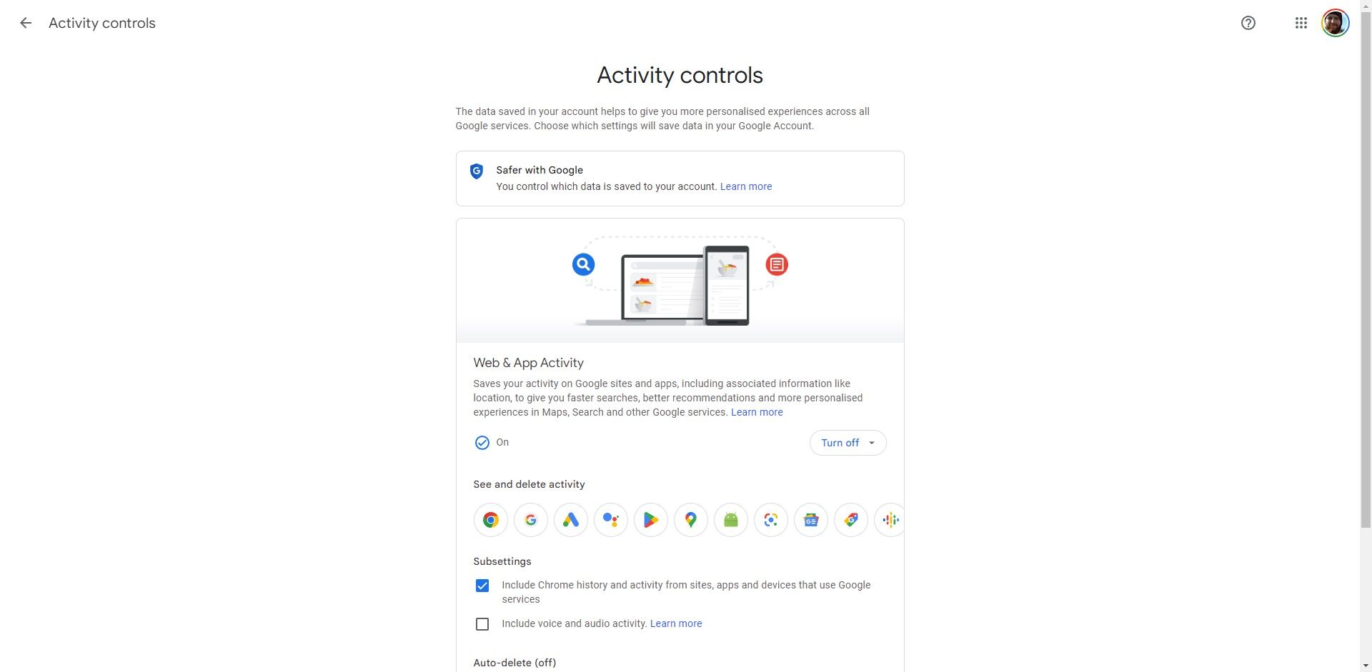 google activity web and app activity options