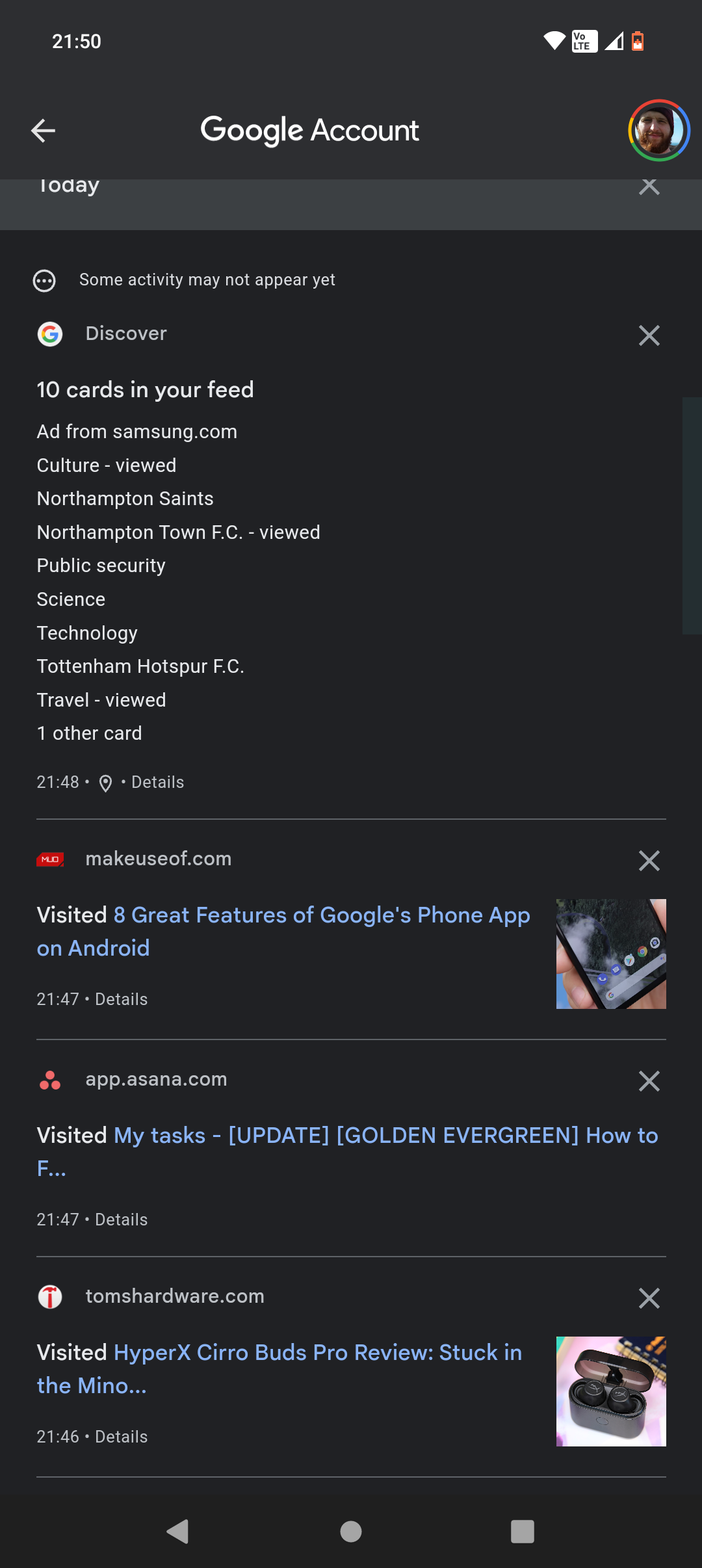 google android app cards and settings