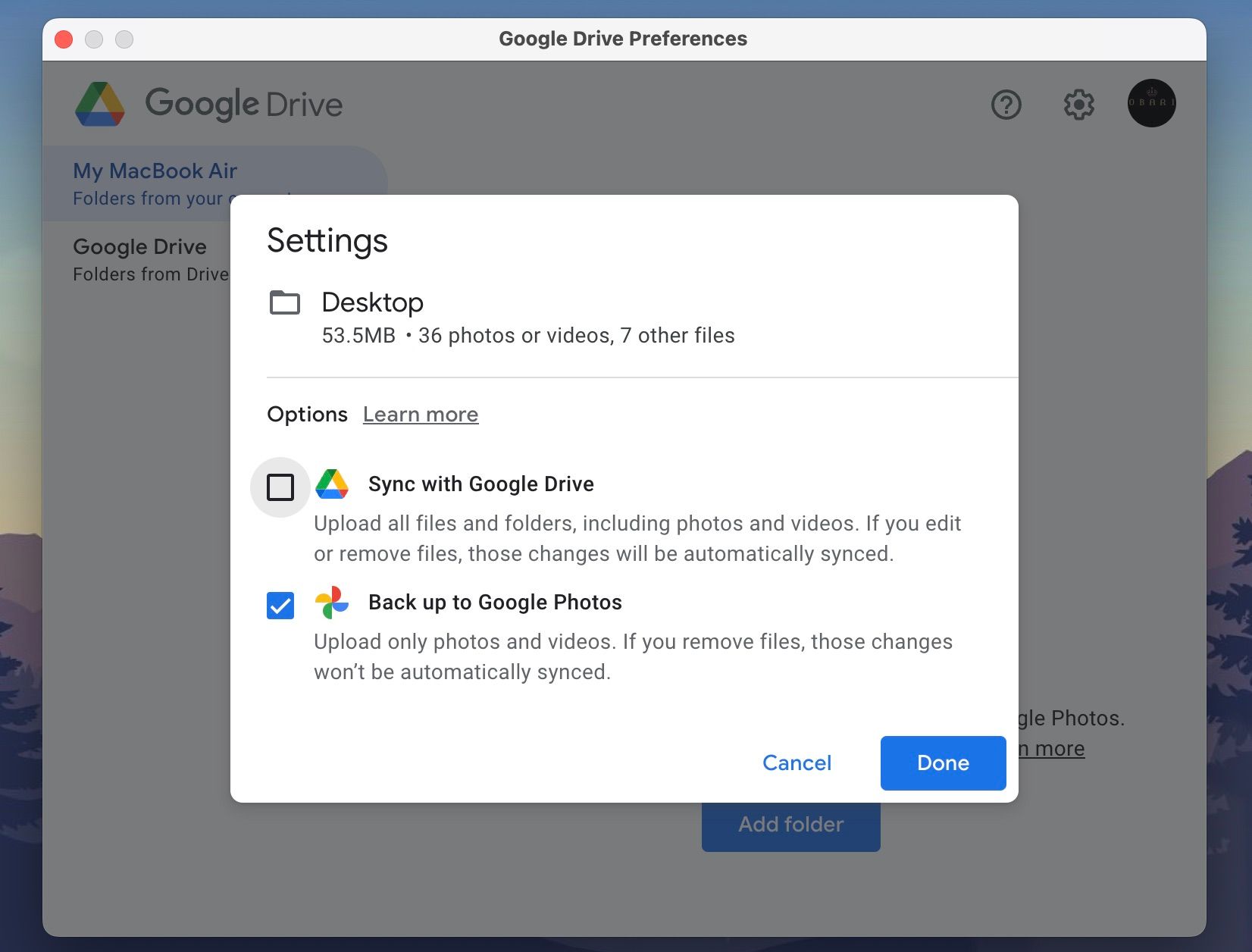 Ứng dụng Google Drive macOS hiển thị các tùy chọn để sao lưu vào Google Photos