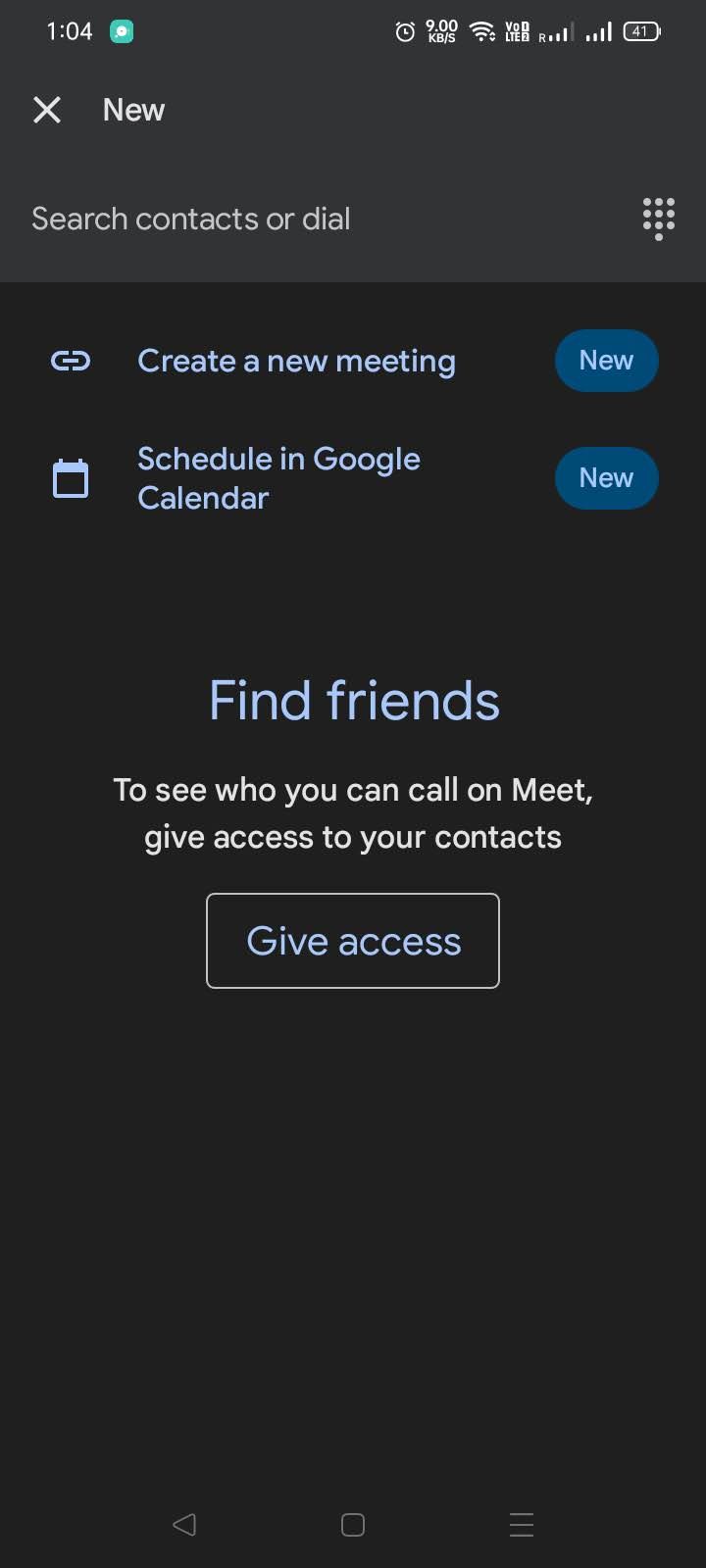 صفحه تماس برنامه Google Meet