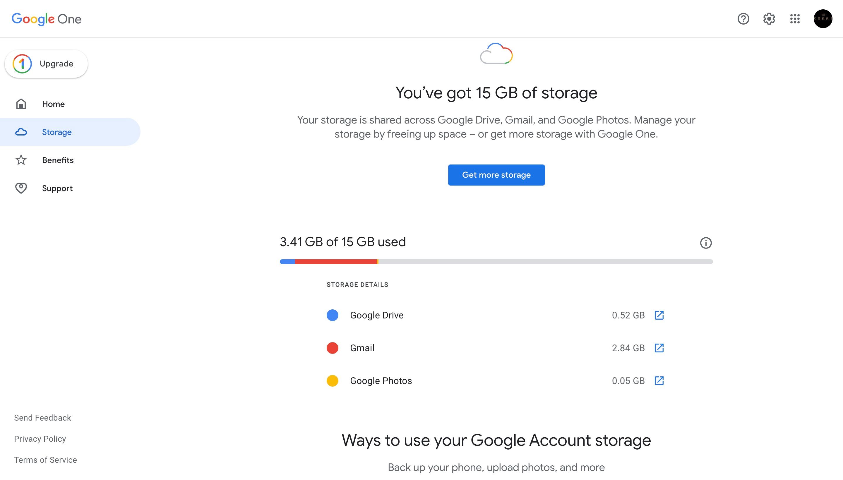 Trang phân tích bộ nhớ của Google One hiển thị 3,41 GB trong tổng số 15 GB đã sử dụng