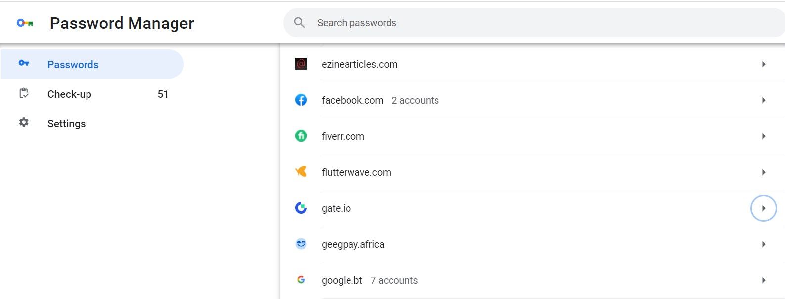 اسکرین شات از Google Password Manager