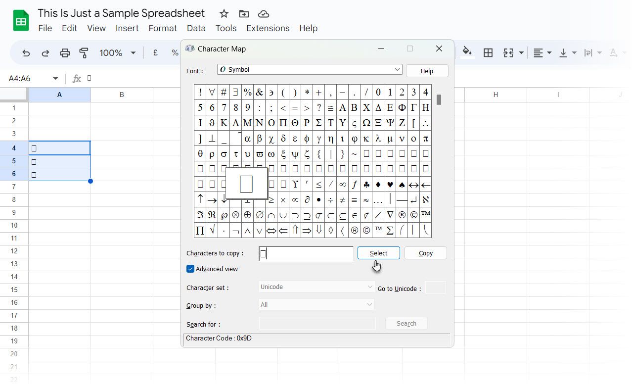 Inserting symbols in Google Sheets with the Windows Character Map