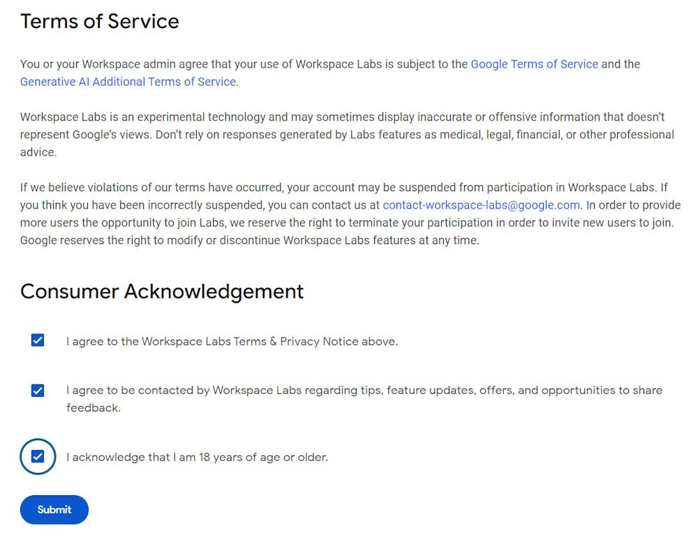 Biểu mẫu đăng ký Google Workspace Labs hiển thị nút gửi