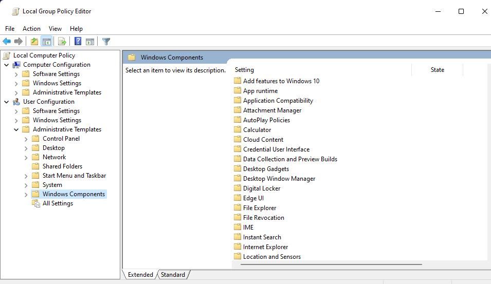 Các thành phần Windows trong Trình chỉnh sửa chính sách nhóm 