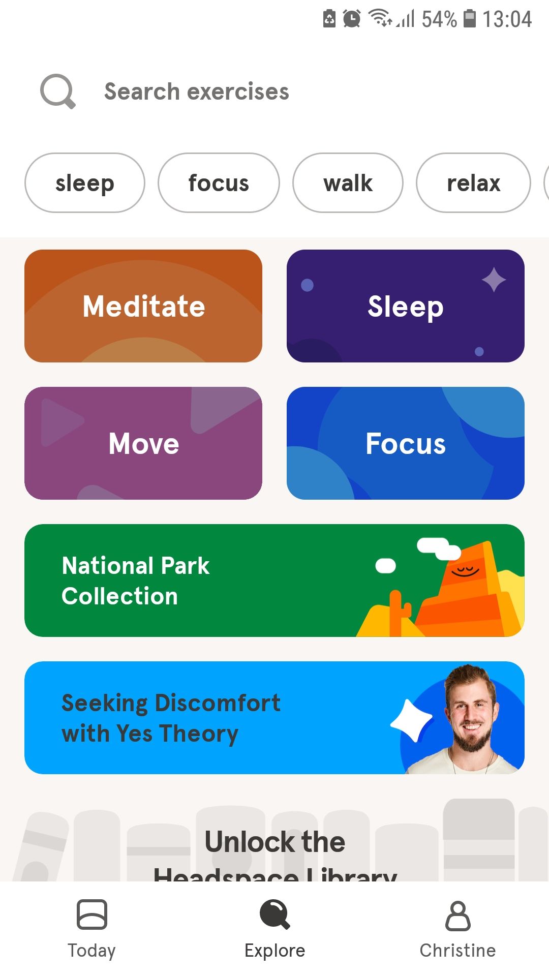 Headspace sleep meditation app explore page