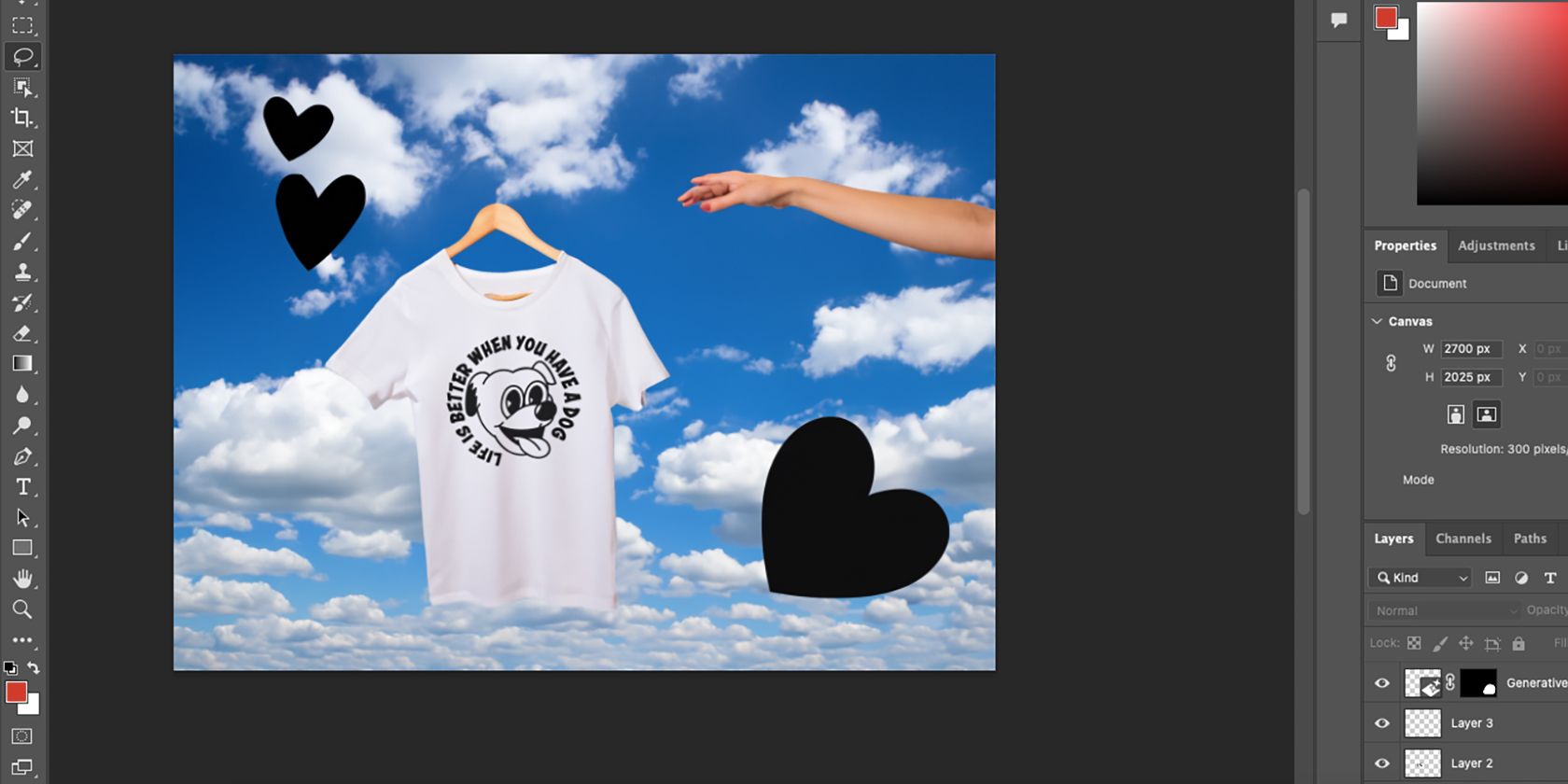 Các vectơ trái tim màu đen trên mô hình áo phông trong Photoshop Beta