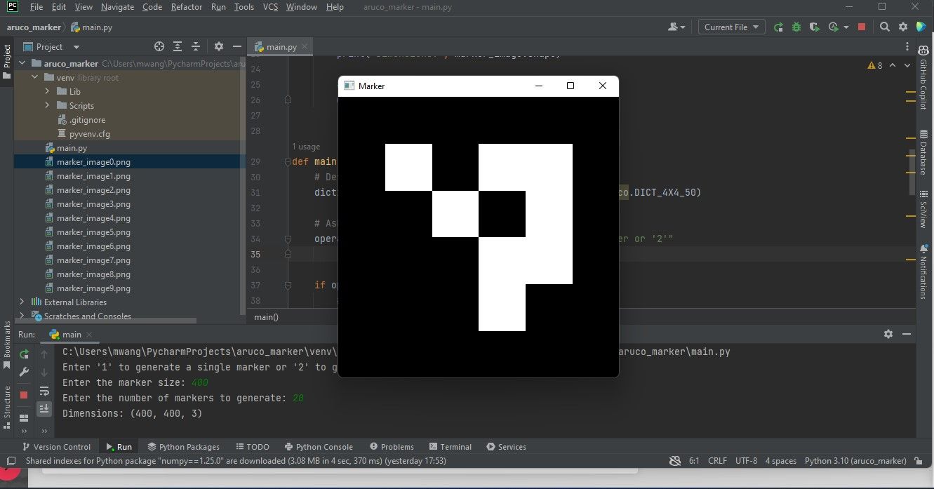 Pycharm IDE hiển thị đầu ra của chương trình tạo mã đánh dấu ArUco