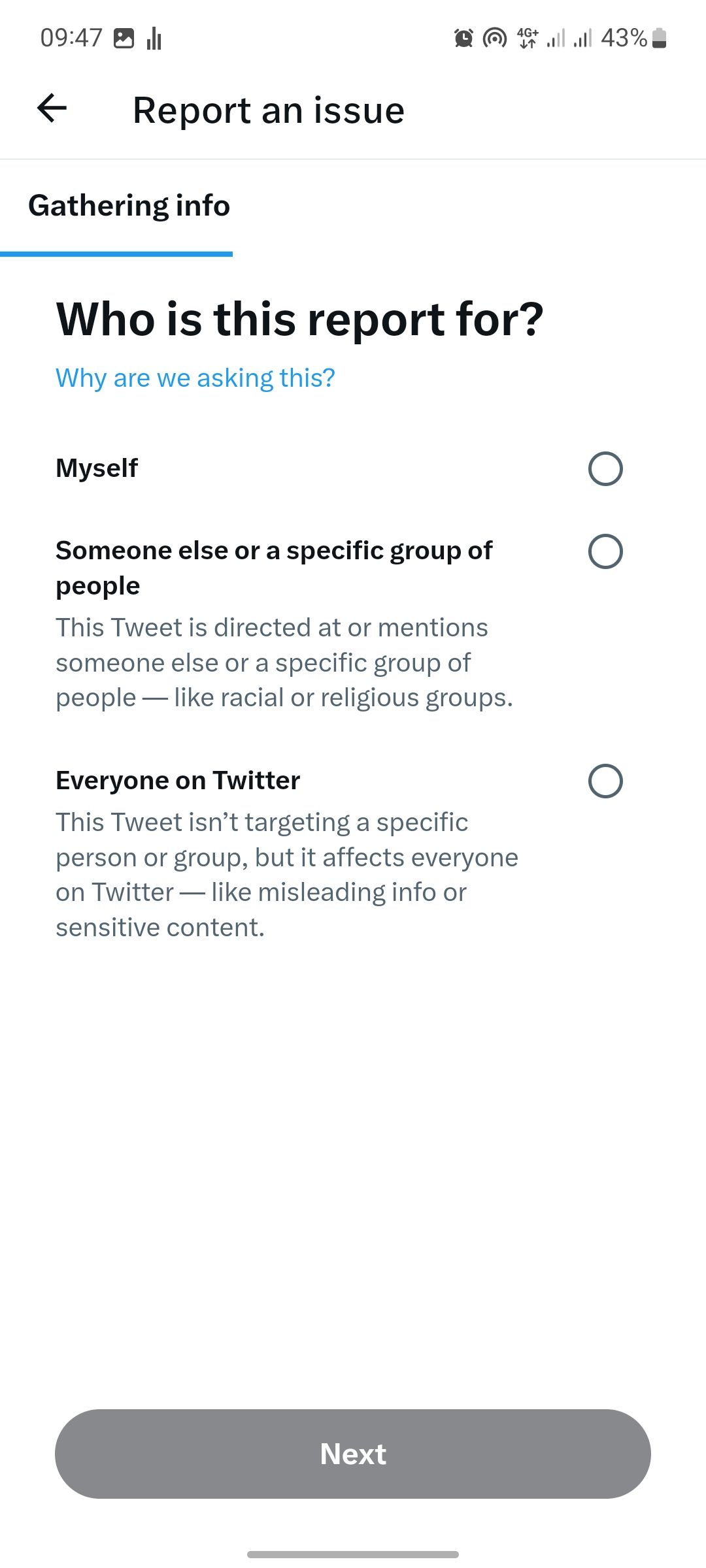 Screenshot of options for reporting a tweet on twitter
