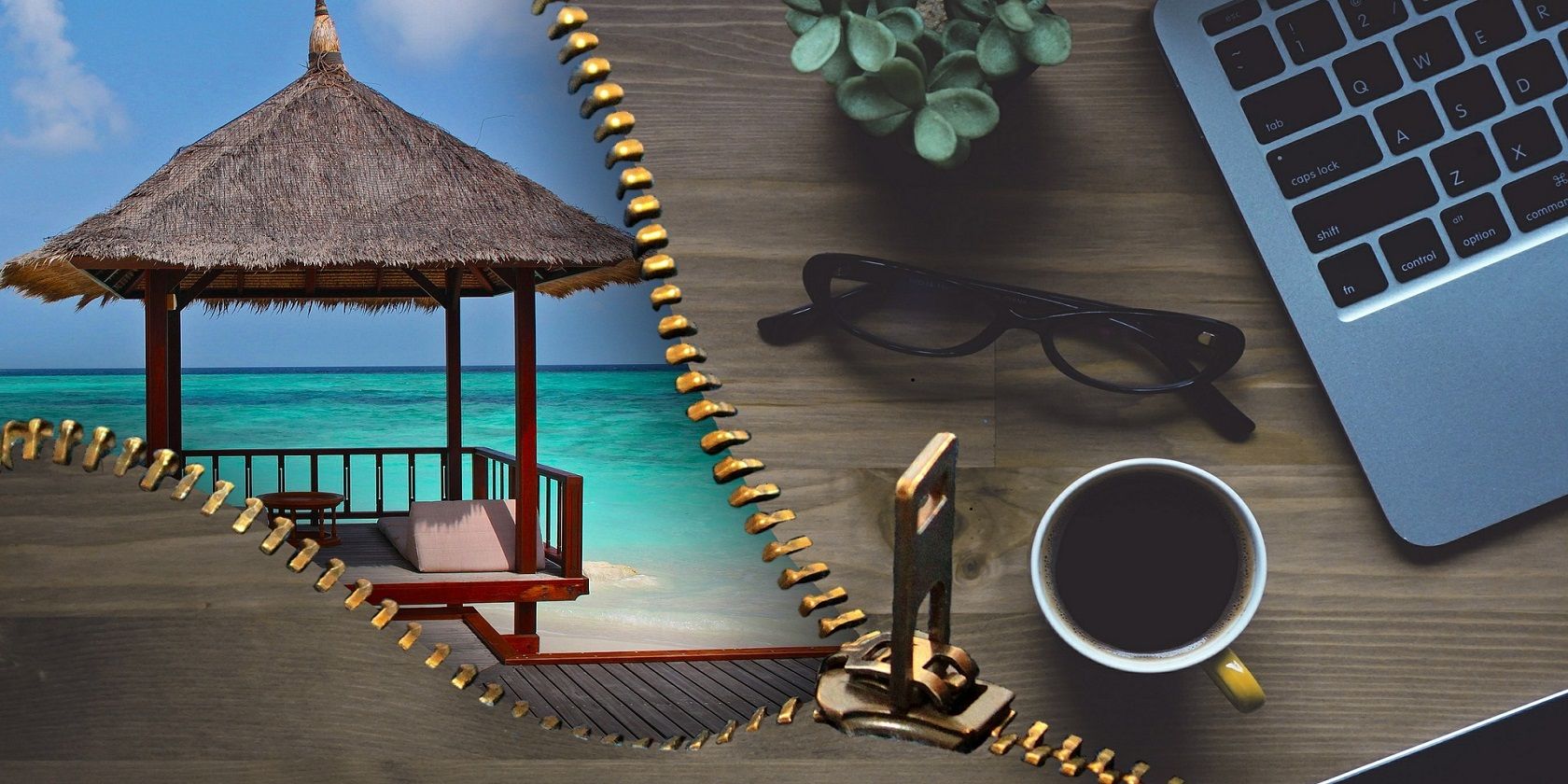Image of a desk with a laptop and cup of coffee to the side with a zipper opening to a cabana