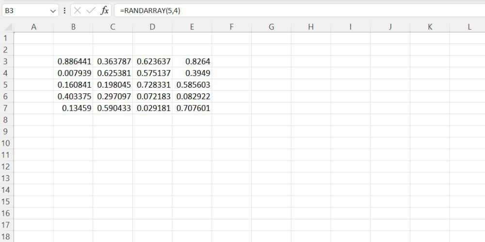 Spreadsheet yang menunjukkan fungsi RANDARRAY sedang digunakan