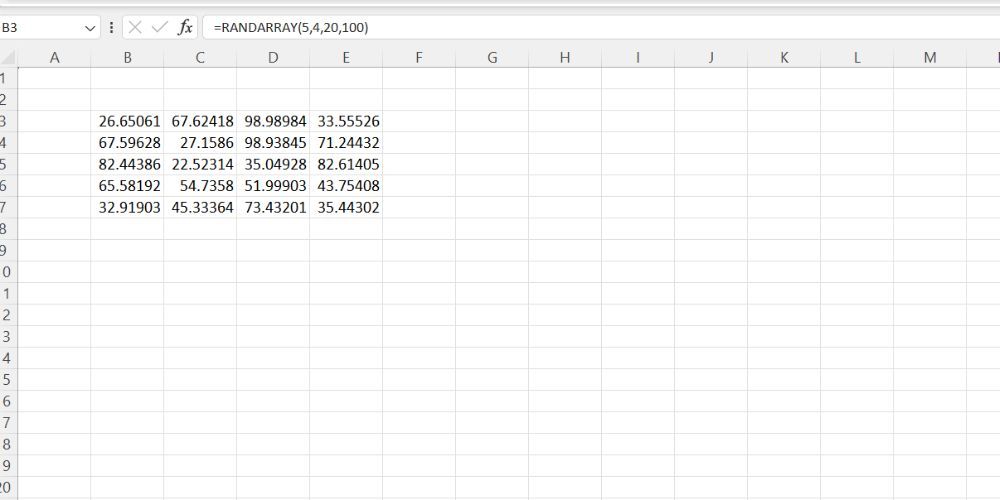 Spreadsheet yang menampilkan fungsi RANDARRAY yang sedang digunakan.