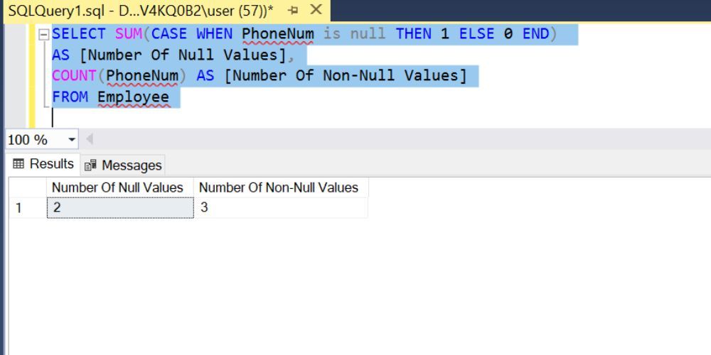 Gambar ini menunjukkan cara menggunakan COUNT untuk menghitung Nilai SQL NULL dan NOT NULL dalam Kolom