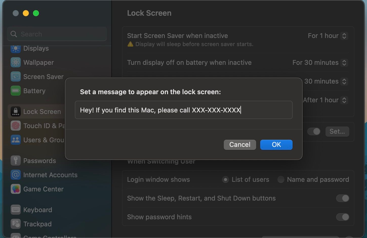 Input box for setting a message to appear on your Mac's lock screen