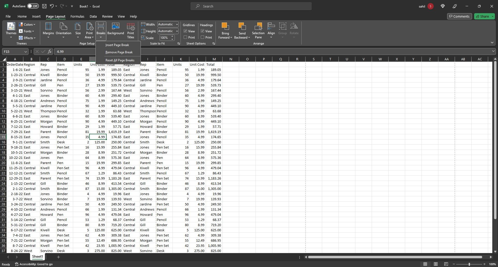 Dữ liệu mẫu hiển thị một cách khác để thêm ngắt trang trong Excel