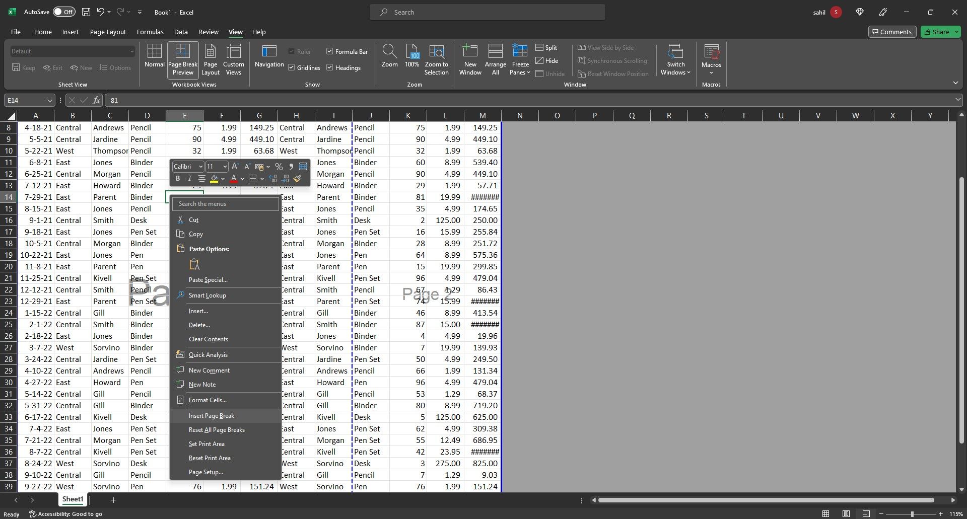 Dữ liệu mẫu trong Excel với menu thả xuống hiển thị các tùy chọn khác nhau