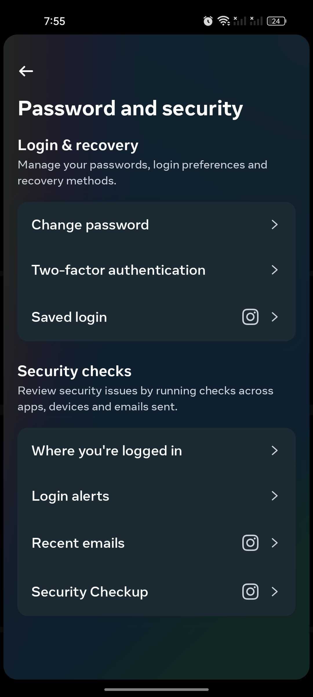 instagram password and security settings