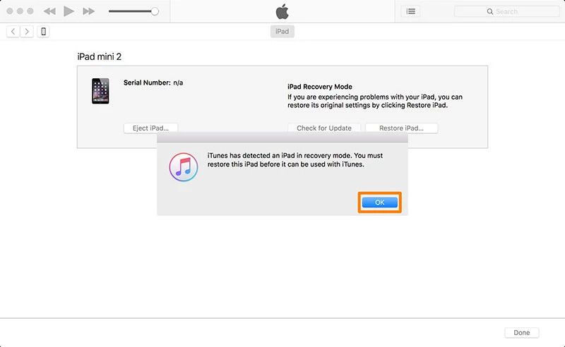 Tin nhắn trong iTunes để khôi phục iPad ở Chế độ khôi phục