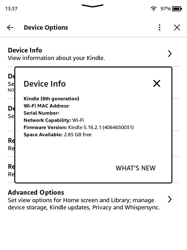 جعبه پاپ آپ اطلاعات دستگاه Kindle