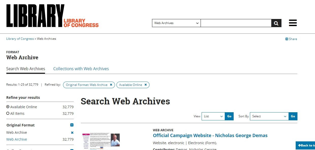 Library of Congress Web Archive screenshot