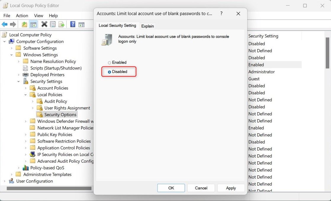 Limit local account use of blank passwords to console logon only