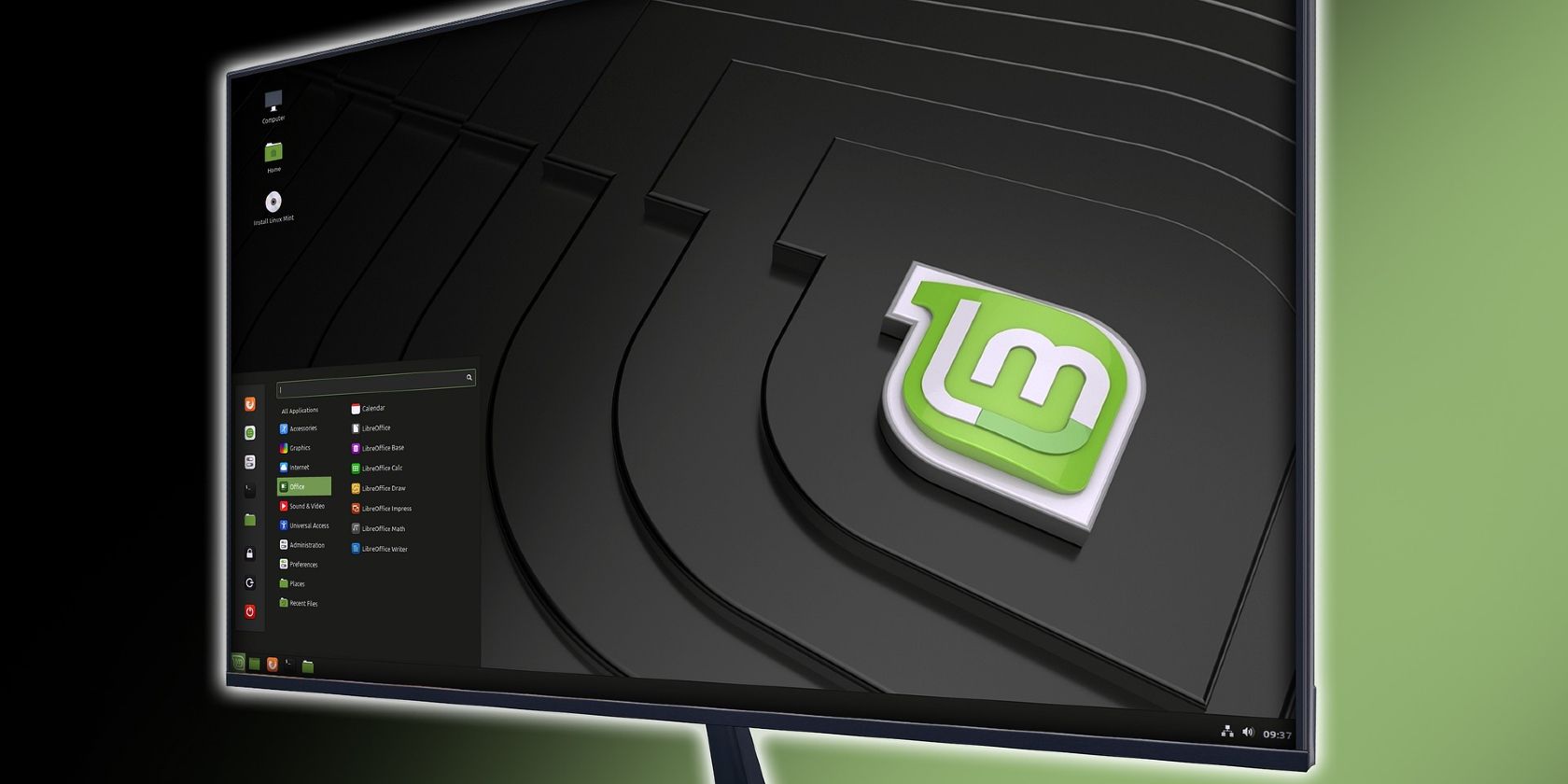 Linux mint desktop with logo and an open menu