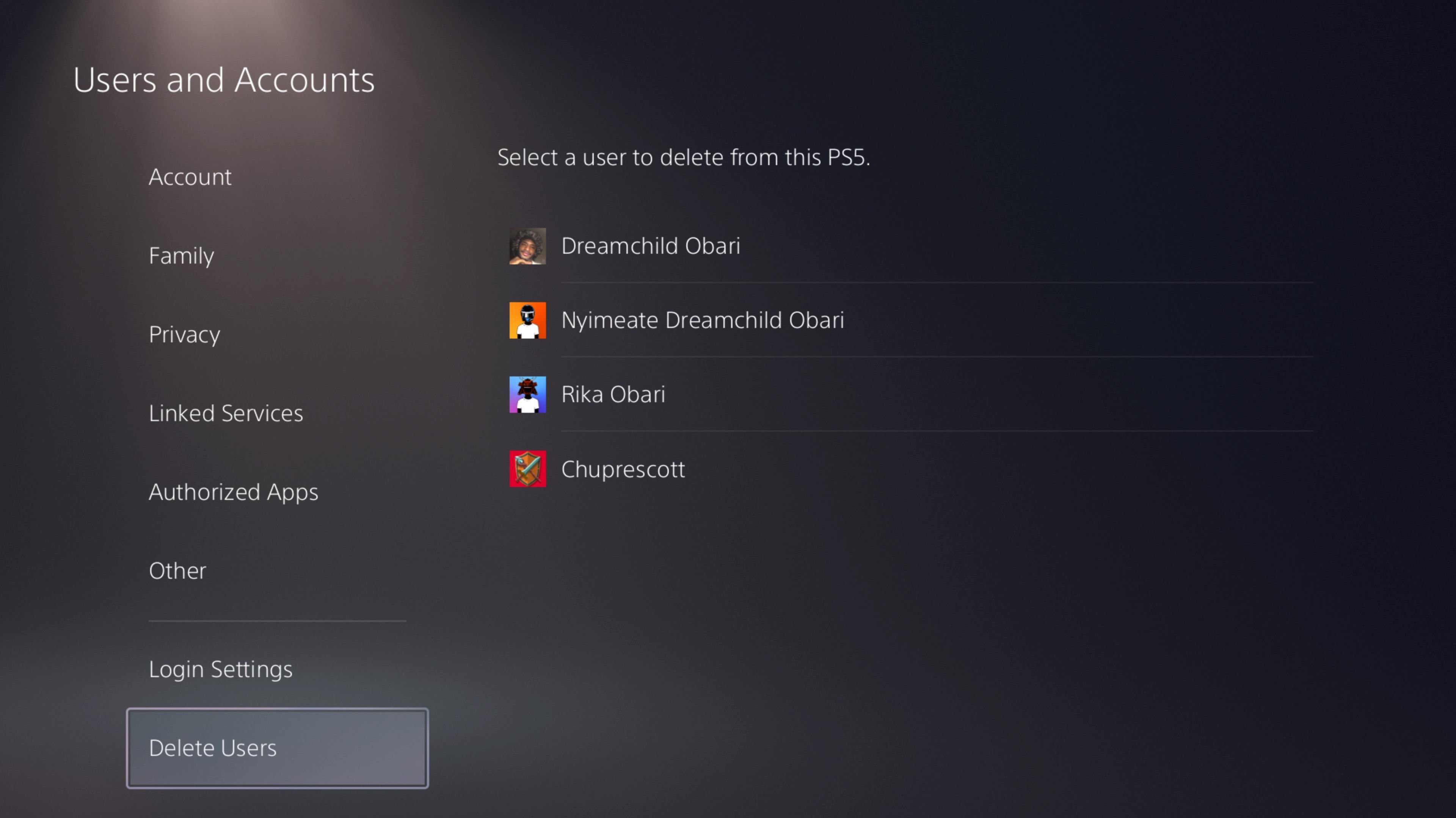Danh sách người dùng cần xóa trong cài đặt Tài khoản và Người dùng của PS5