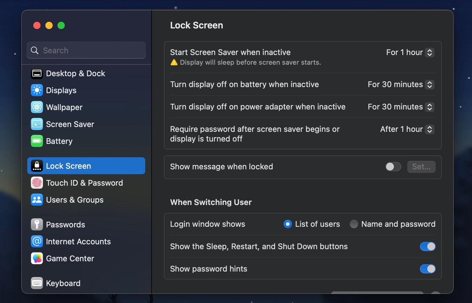 Lock Screen panel in the System Settings on macOS