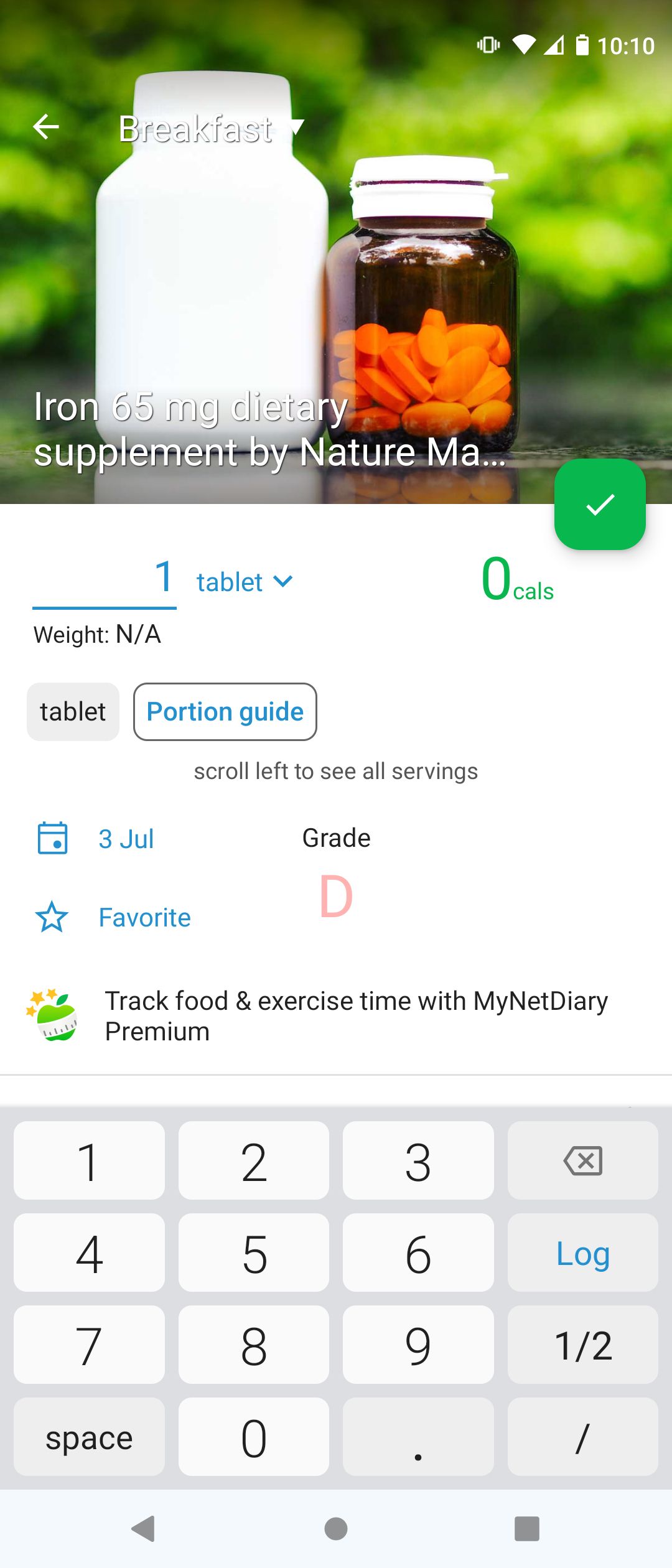 Logging Iron Supplement in MyNetDiary Food Diary