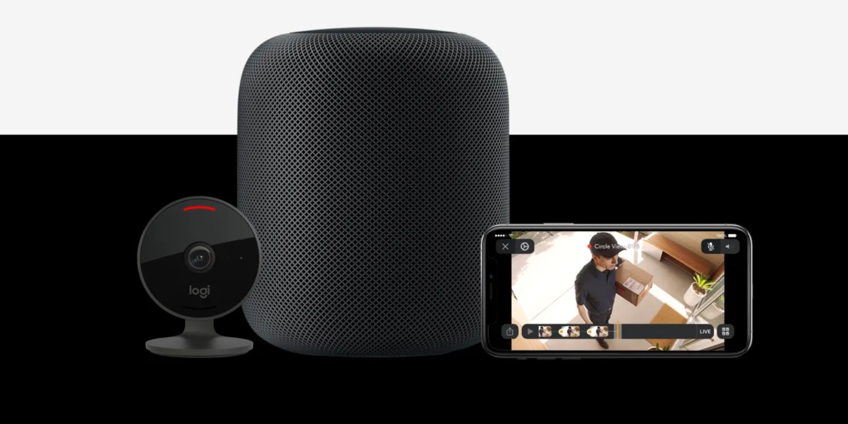 ضبط ویدیوی امن HomeKit در آیفون در کنار هوم پاد اپل و دوربین دایره‌نمای لاجیتک نمایش داده می‌شود