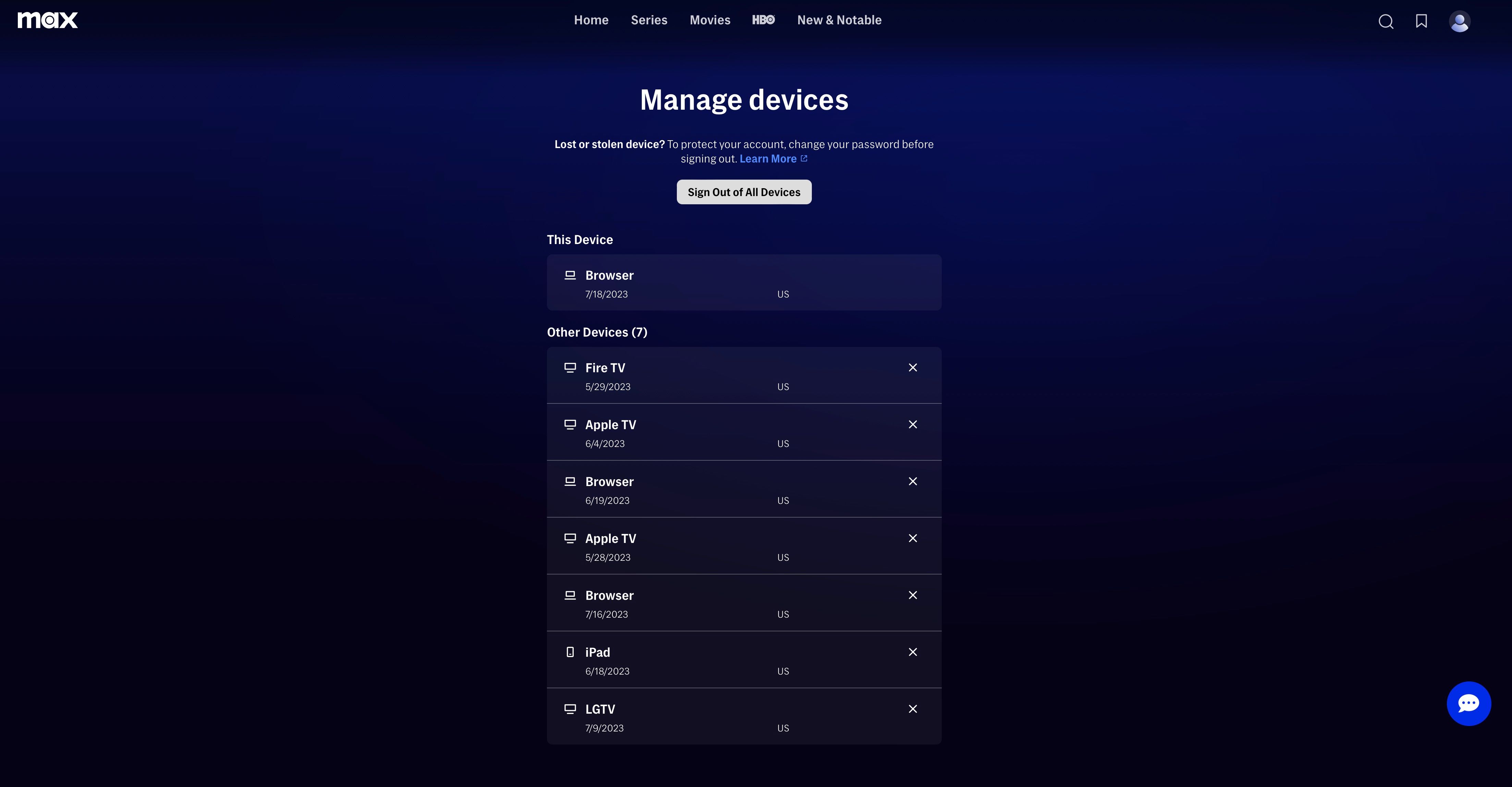 Max Devices Page with Manage Devices Options
