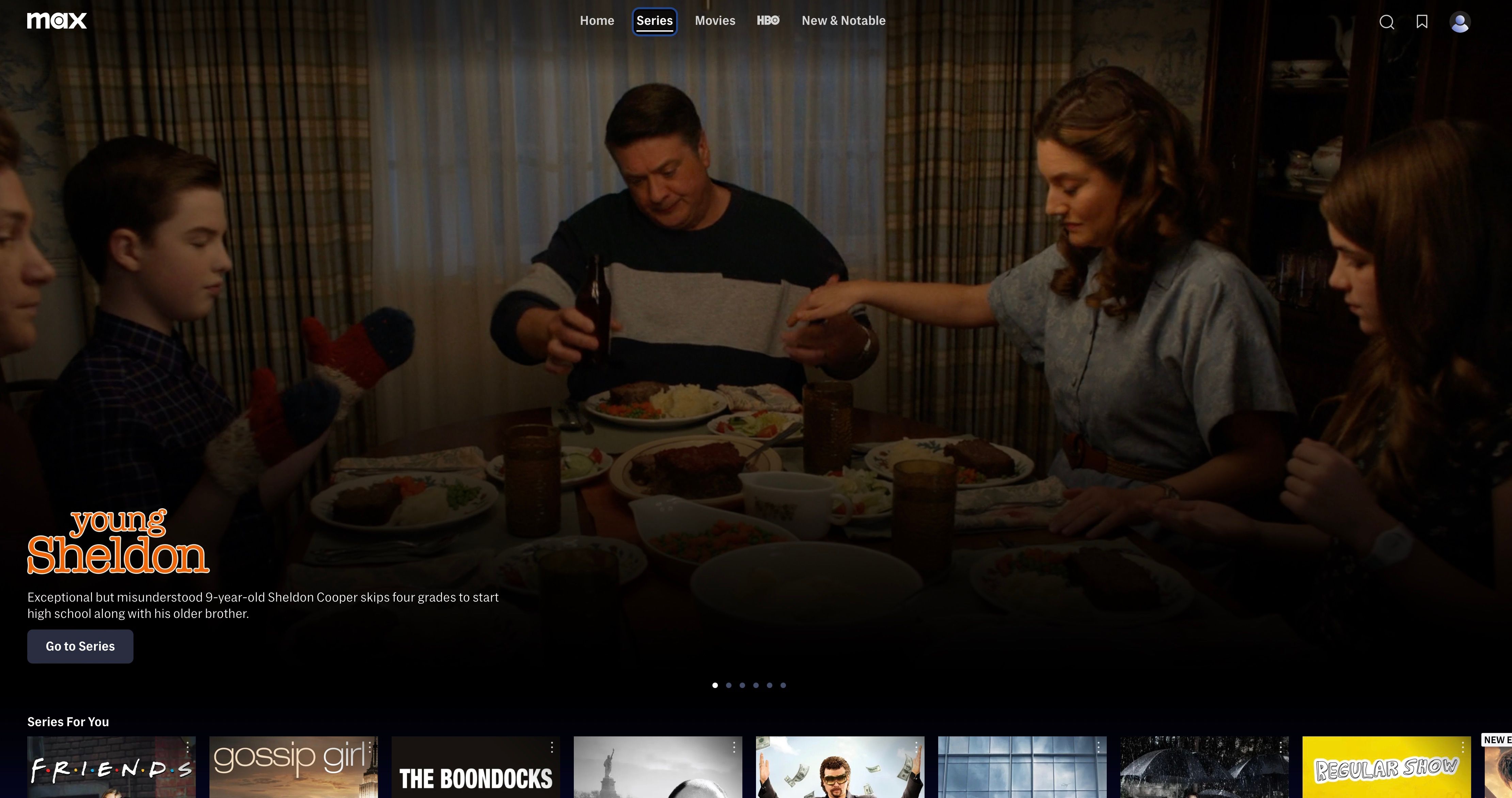 Max Home Page with Young Sheldon Advertisement