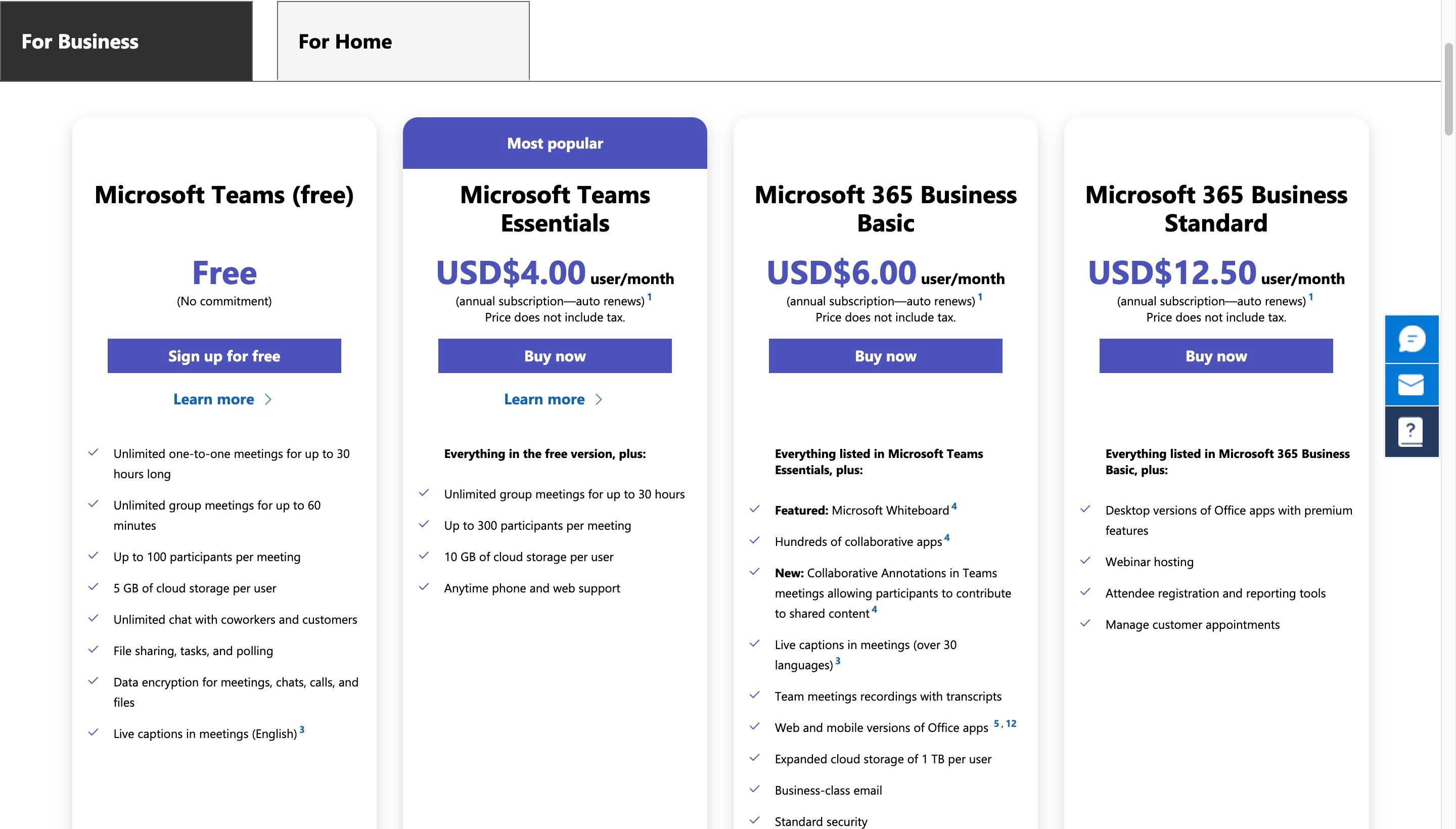 Cấu trúc giá của Microsoft Teams dành cho doanh nghiệp