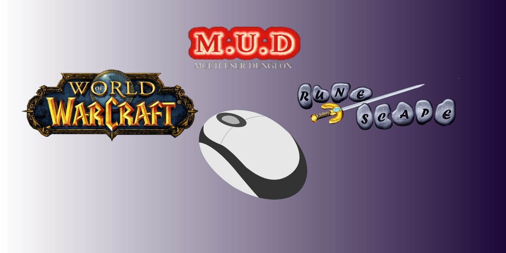The MUD World of Warcraft and RuneScape logos surrounding a cartoon computer mouse