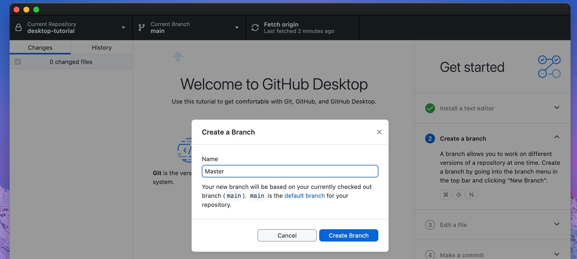 Đặt tên cho nhánh mới trong GitHub Desktop