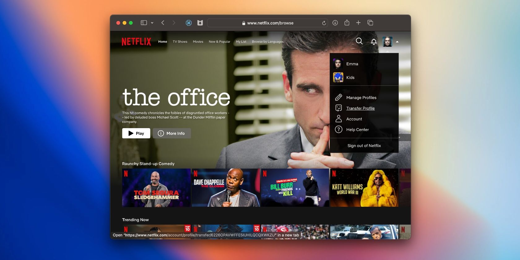The Transfer Profile option in the Netflix menu on the web