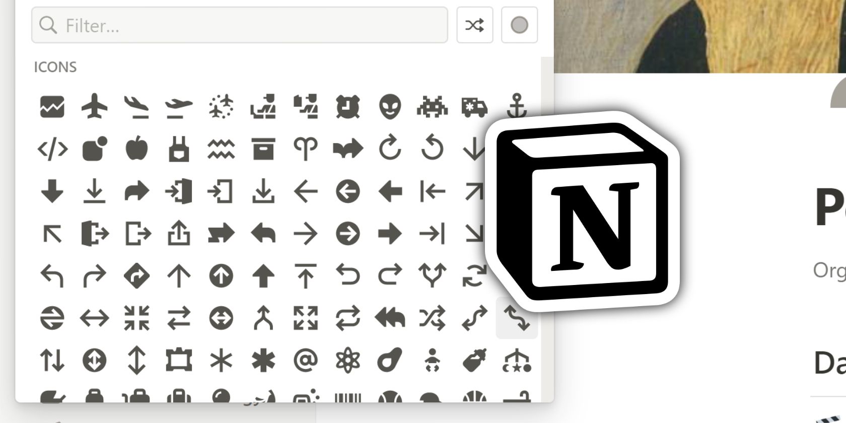 An image showing the selection of icons available in Notion, next to the product's logo.