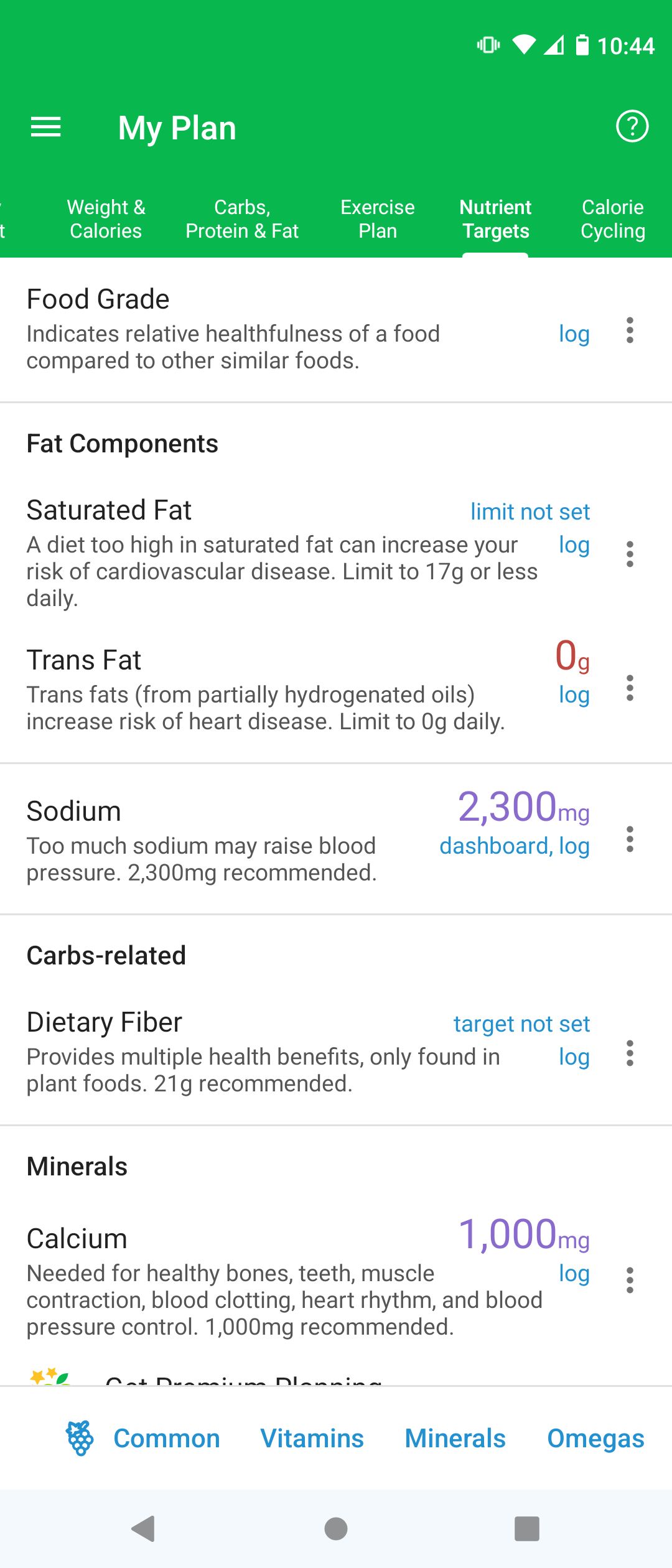 Nutrient Targets on MyNetDiary App