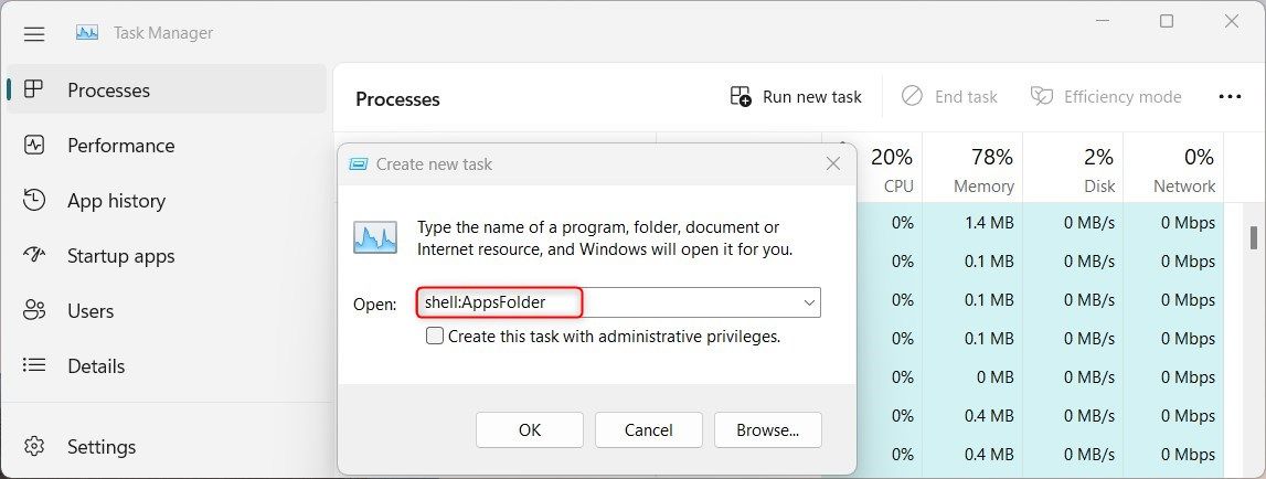 Откройте папку AppsFolder с помощью диспетчера задач