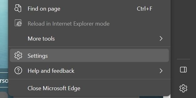 Menu Microsoft Edge hiển thị mục Cài đặt